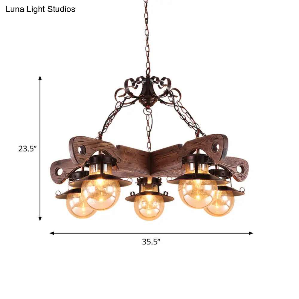 Cognac Seeded Glass Chandelier With Rustic Ball Pendant: 5/9 Lights Industrial Lighting