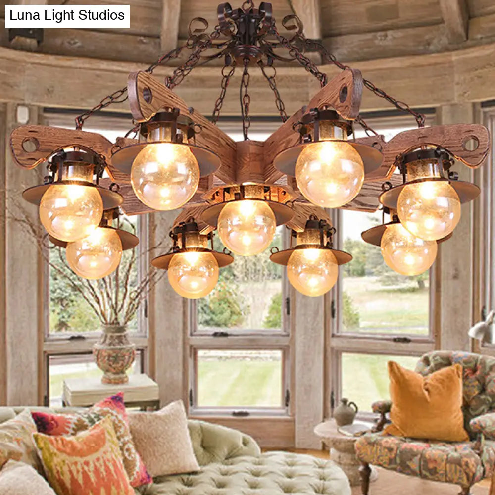 Cognac Seeded Glass Chandelier With Rustic Ball Pendant: 5/9 Lights Industrial Lighting