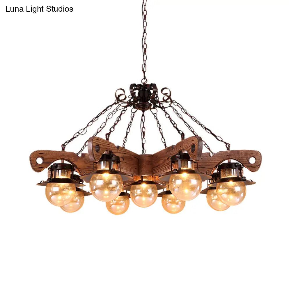 Cognac Seeded Glass Chandelier With Rustic Ball Pendant: 5/9 Lights Industrial Lighting