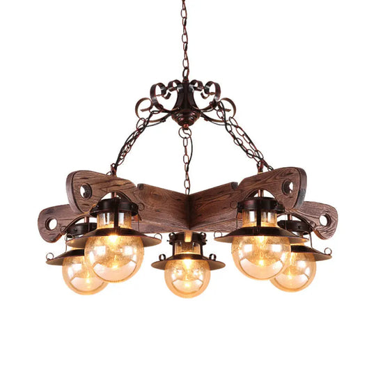 Cognac Seeded Glass Chandelier With Rustic Ball Pendant: 5/9 Lights Industrial Lighting 5 / Wood