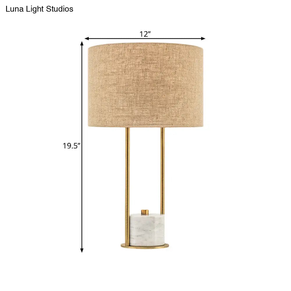 Modern Cylinder Nightstand Lamp - 1 Head Fabric Bedside Light In White/Beige With Marble Base