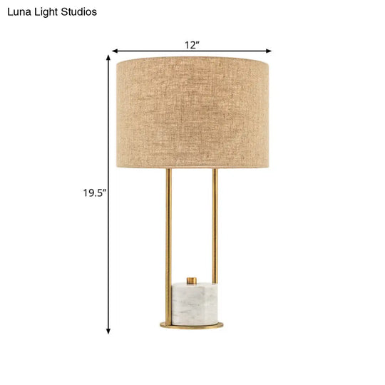 Modern Cylinder Nightstand Lamp - 1 Head Fabric Bedside Light In White/Beige With Marble Base