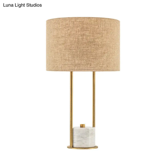 Modern Cylinder Nightstand Lamp - 1 Head Fabric Bedside Light In White/Beige With Marble Base