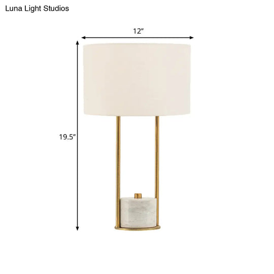 Modern Cylinder Nightstand Lamp - 1 Head Fabric Bedside Light In White/Beige With Marble Base