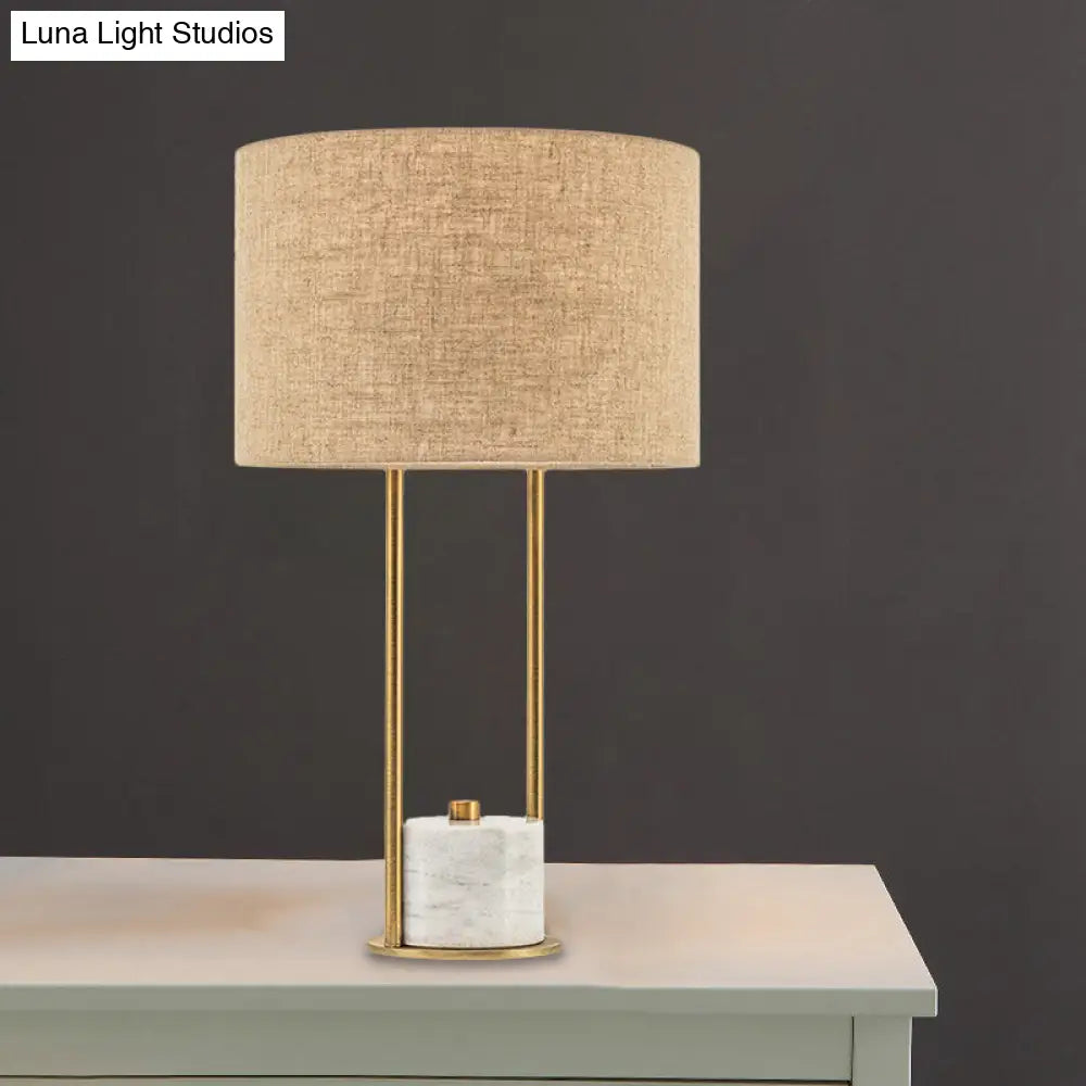 Modern Cylinder Nightstand Lamp - 1 Head Fabric Bedside Light In White/Beige With Marble Base Beige