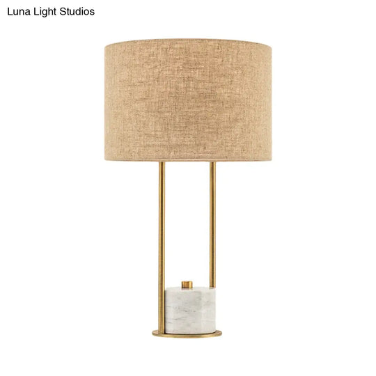 Colette - Modern Fabric Cylinder Nightstand Lamp White/Beige With Marble Base.