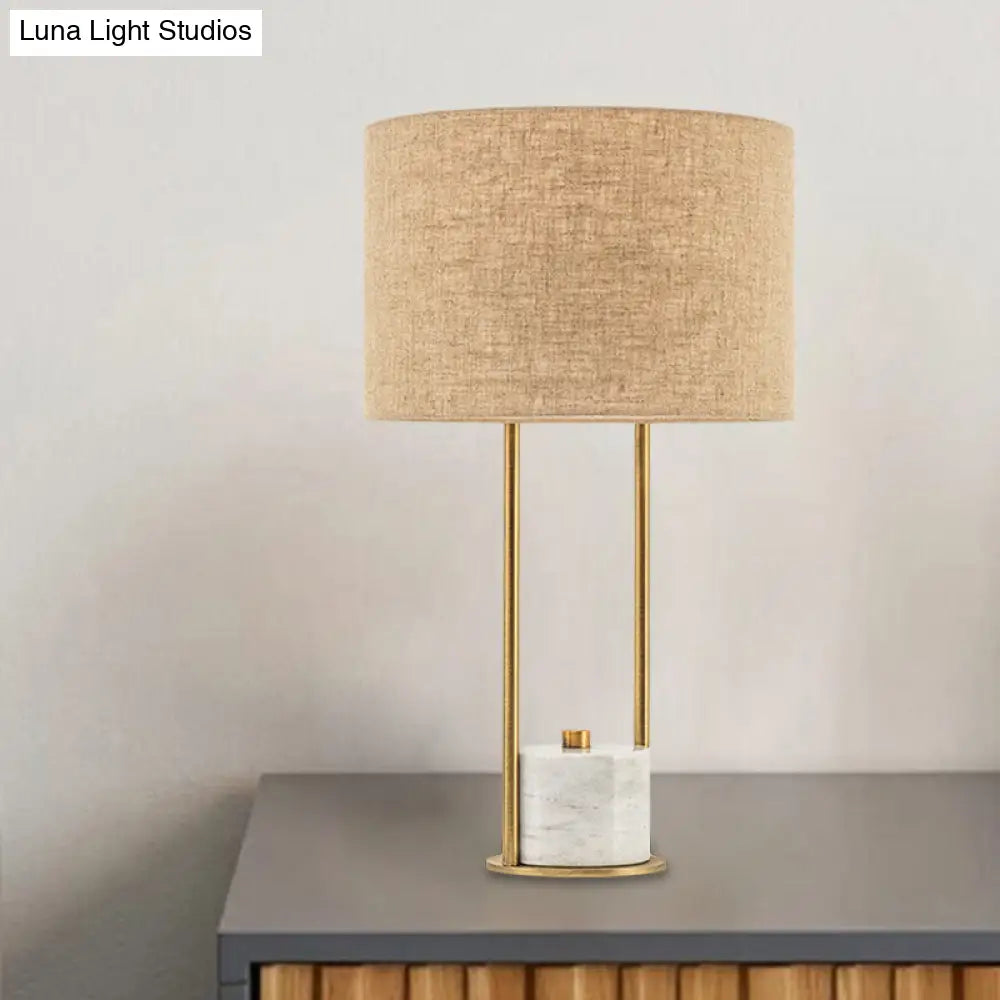 Modern Cylinder Nightstand Lamp - 1 Head Fabric Bedside Light In White/Beige With Marble Base