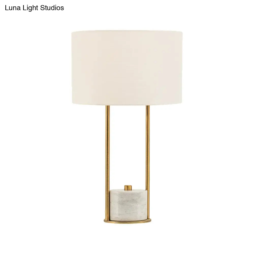 Modern Cylinder Nightstand Lamp - 1 Head Fabric Bedside Light In White/Beige With Marble Base