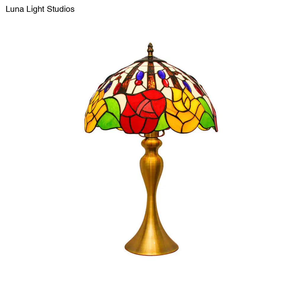 Tiffany Style Stained Glass Nightstand Lamp With Domed Design Gold Flower Pattern 1 Head Night