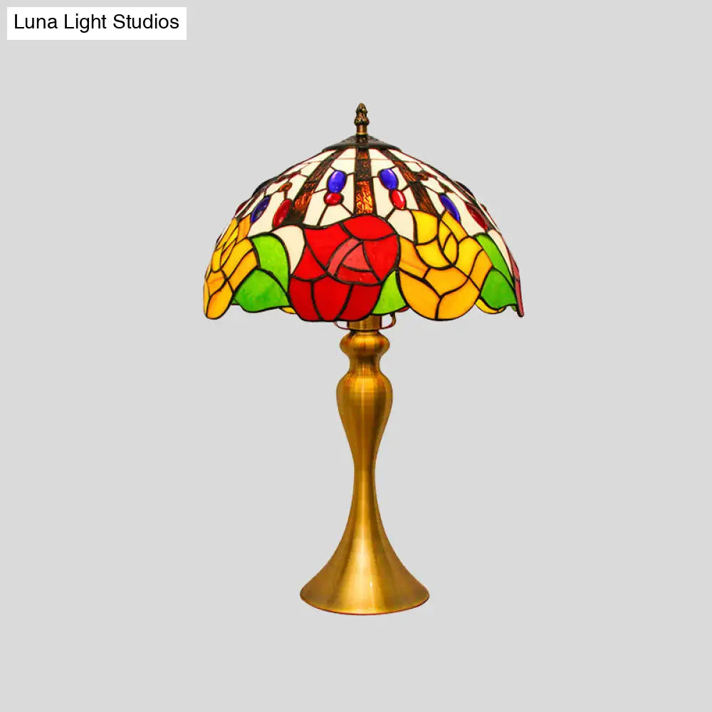 Tiffany Style Stained Glass Nightstand Lamp With Domed Design Gold Flower Pattern 1 Head Night