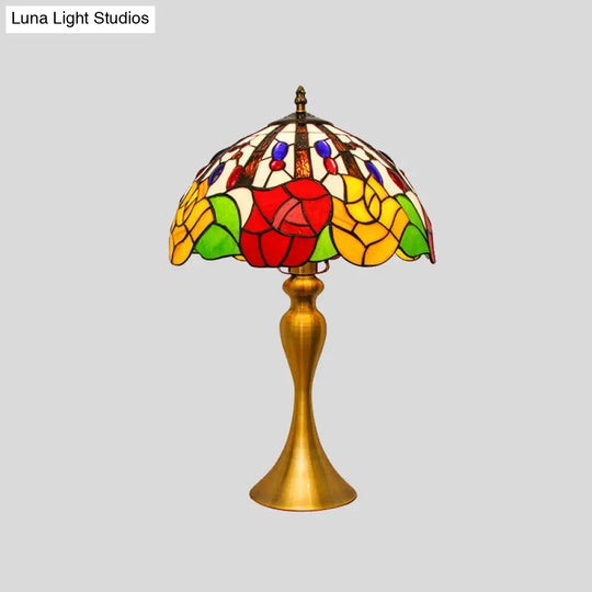 Tiffany Style Stained Glass Nightstand Lamp With Domed Design Gold Flower Pattern 1 Head Night