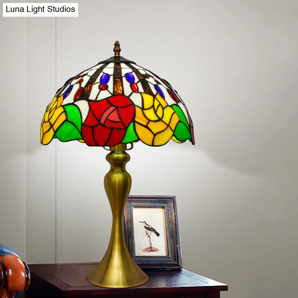 Tiffany Style Stained Glass Nightstand Lamp With Domed Design Gold Flower Pattern 1 Head Night