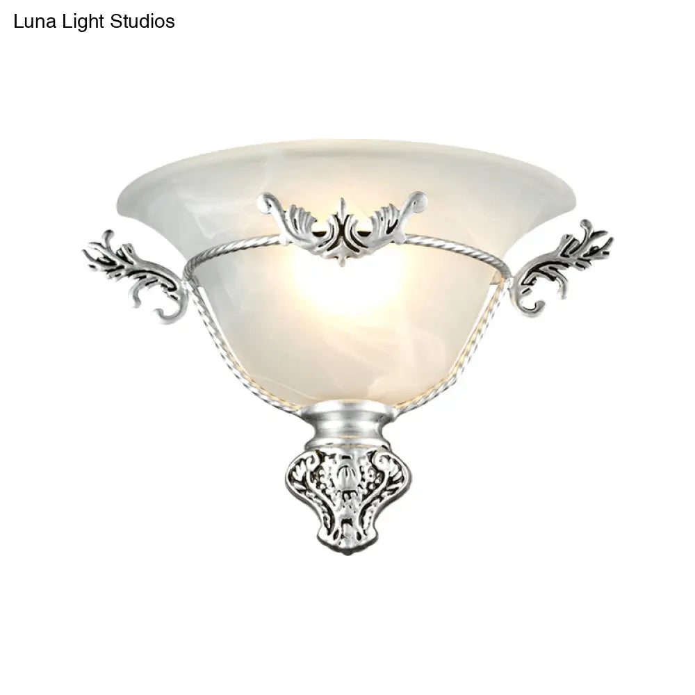 Colonial 1-Head Bell Sconce Light With White Glass And Silver/Brass Carved Metal Decor - Wall