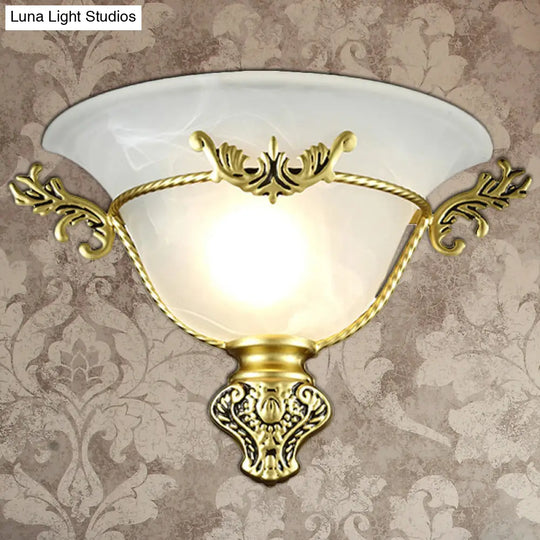 Colonial 1-Head Bell Sconce Light With White Glass And Silver/Brass Carved Metal Decor - Wall