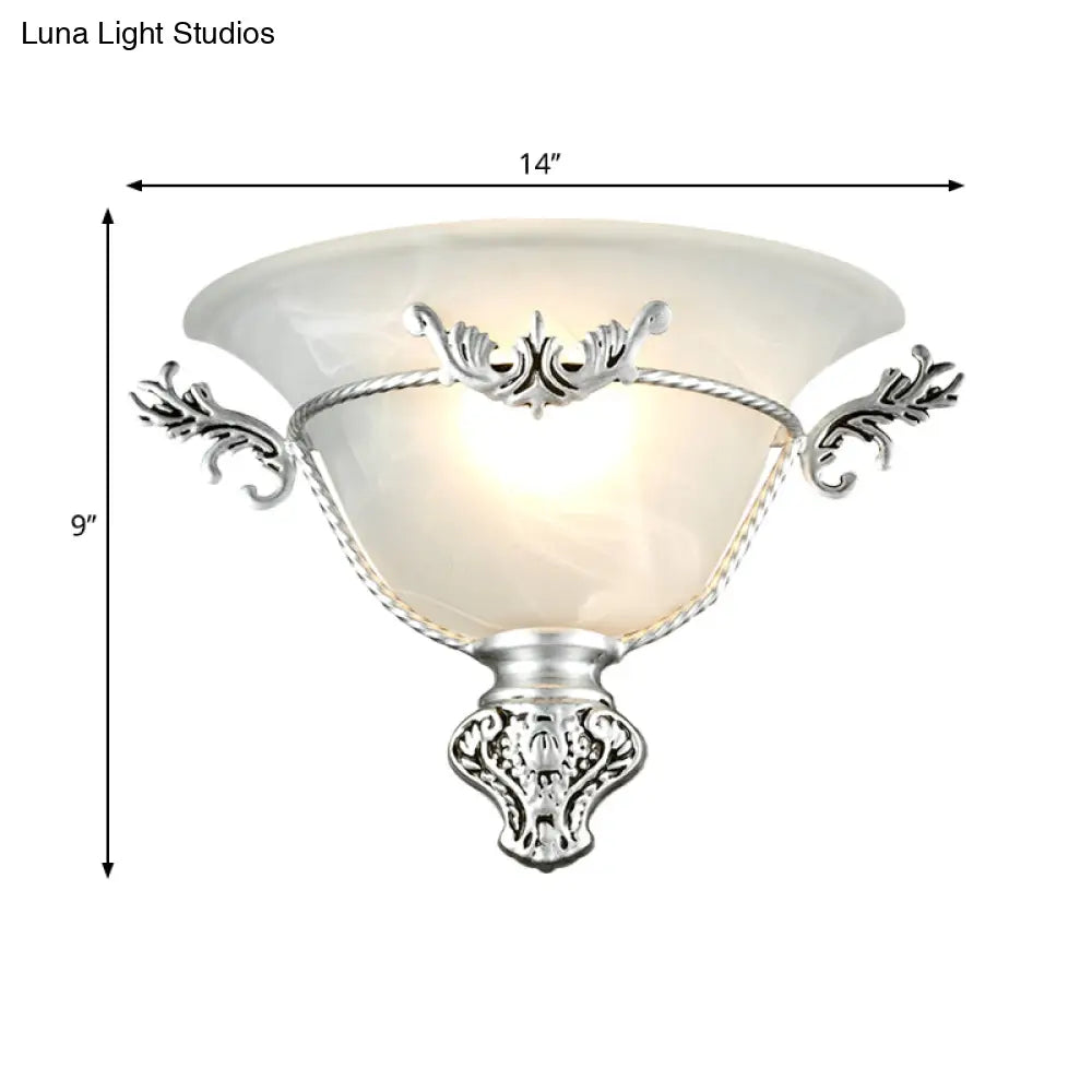 Colonial 1-Head Bell Sconce Light With White Glass And Silver/Brass Carved Metal Decor - Wall