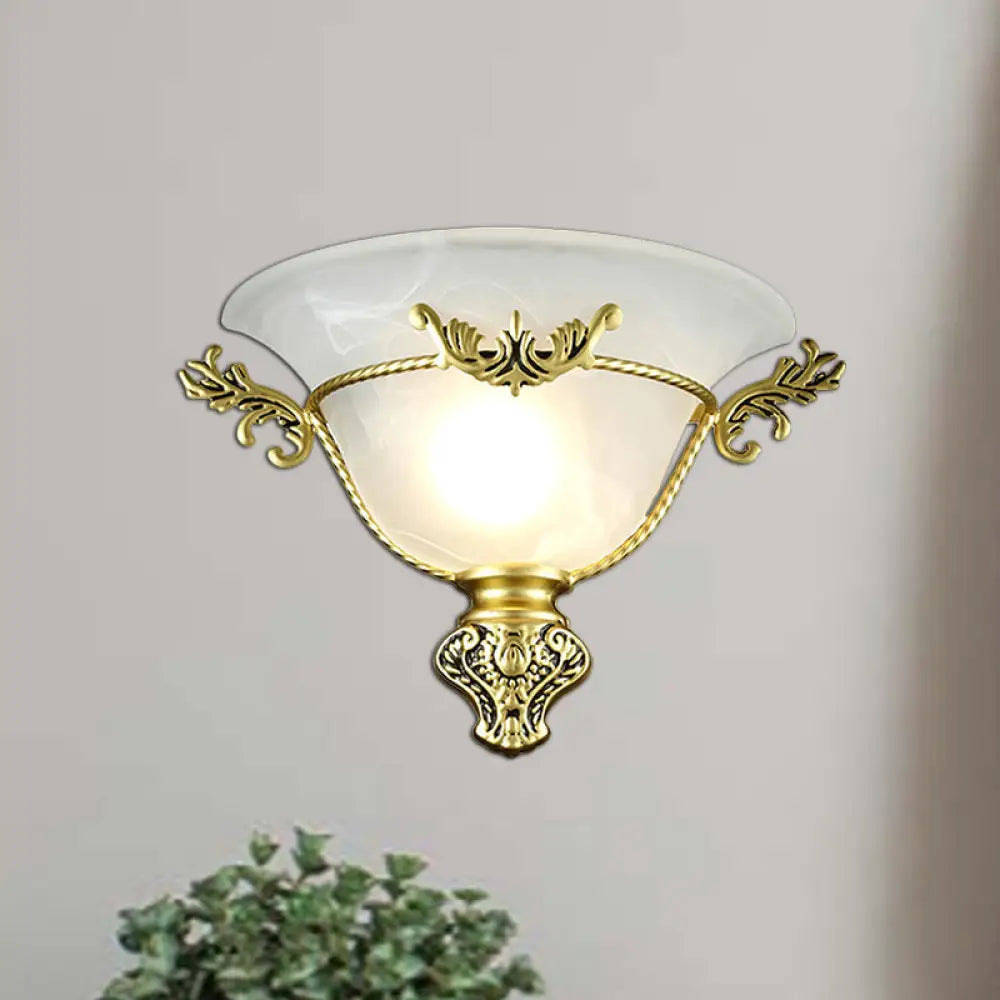 Colonial 1-Head Bell Sconce Light With White Glass And Silver/Brass Carved Metal Decor - Wall