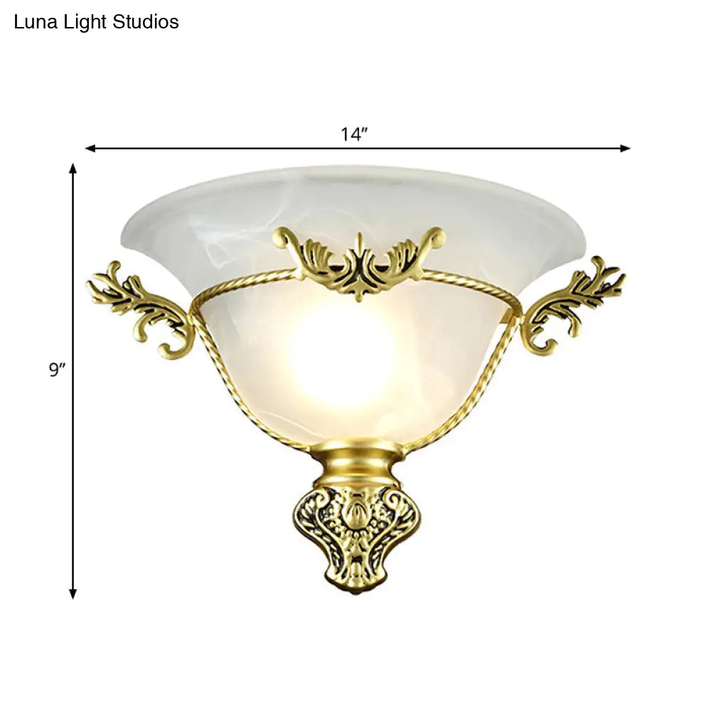 Colonial 1-Head Bell Sconce Light With White Glass And Silver/Brass Carved Metal Decor - Wall