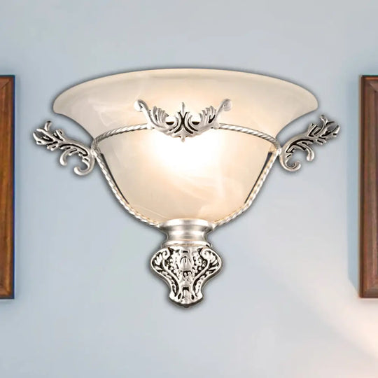 Colonial 1-Head Bell Sconce Light With White Glass And Silver/Brass Carved Metal Decor - Wall