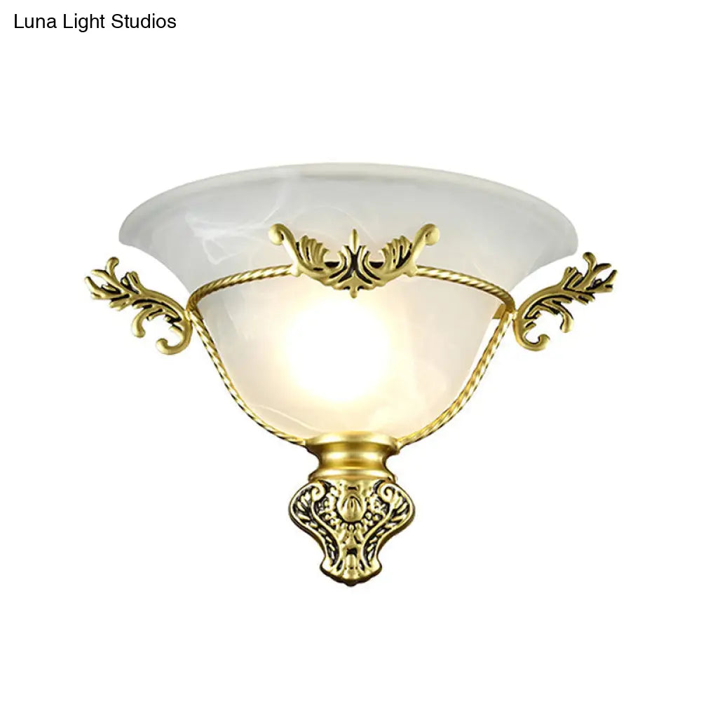 Colonial 1-Head Bell Sconce Light With White Glass And Silver/Brass Carved Metal Decor - Wall