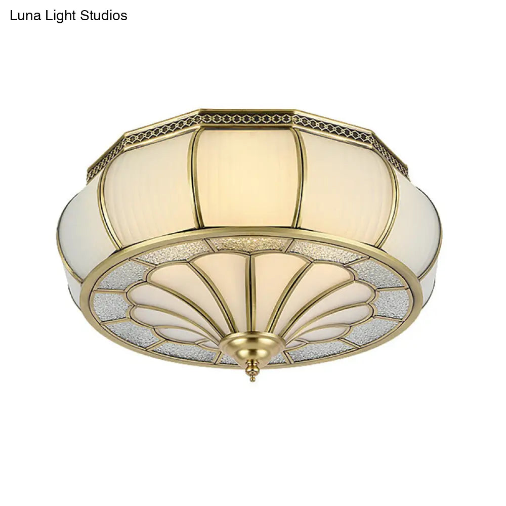 Colonial 4-Head Cream Glass Drum Ceiling Light In Brass For Living Rooms