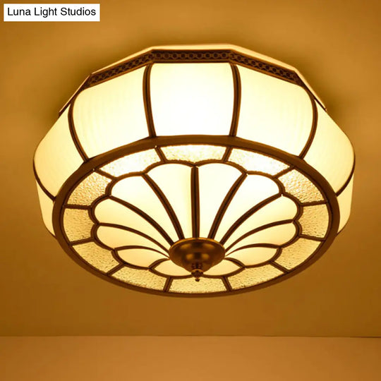 Colonial 4-Head Cream Glass Drum Ceiling Light In Brass For Living Rooms