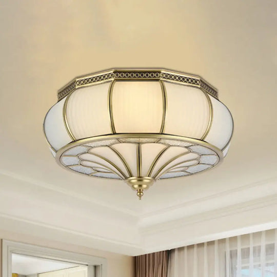 Colonial 4-Head Cream Glass Drum Ceiling Light In Brass For Living Rooms