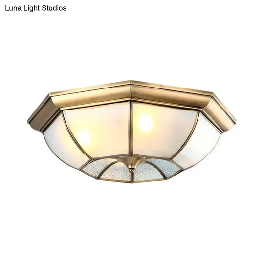 Colonial Bedroom Flush Mount Ceiling Light With Octagon Frosted Glass Shade In Brass - Available