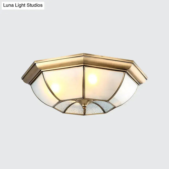 Colonial Bedroom Flush Mount Ceiling Light With Octagon Frosted Glass Shade In Brass - Available