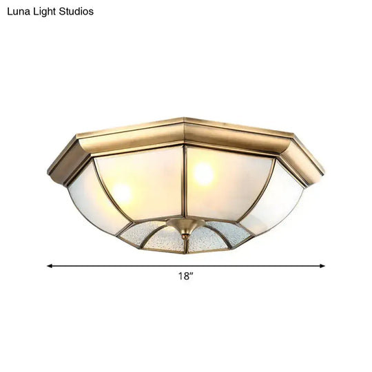 Colonial Bedroom Flush Mount Ceiling Light With Octagon Frosted Glass Shade In Brass - Available