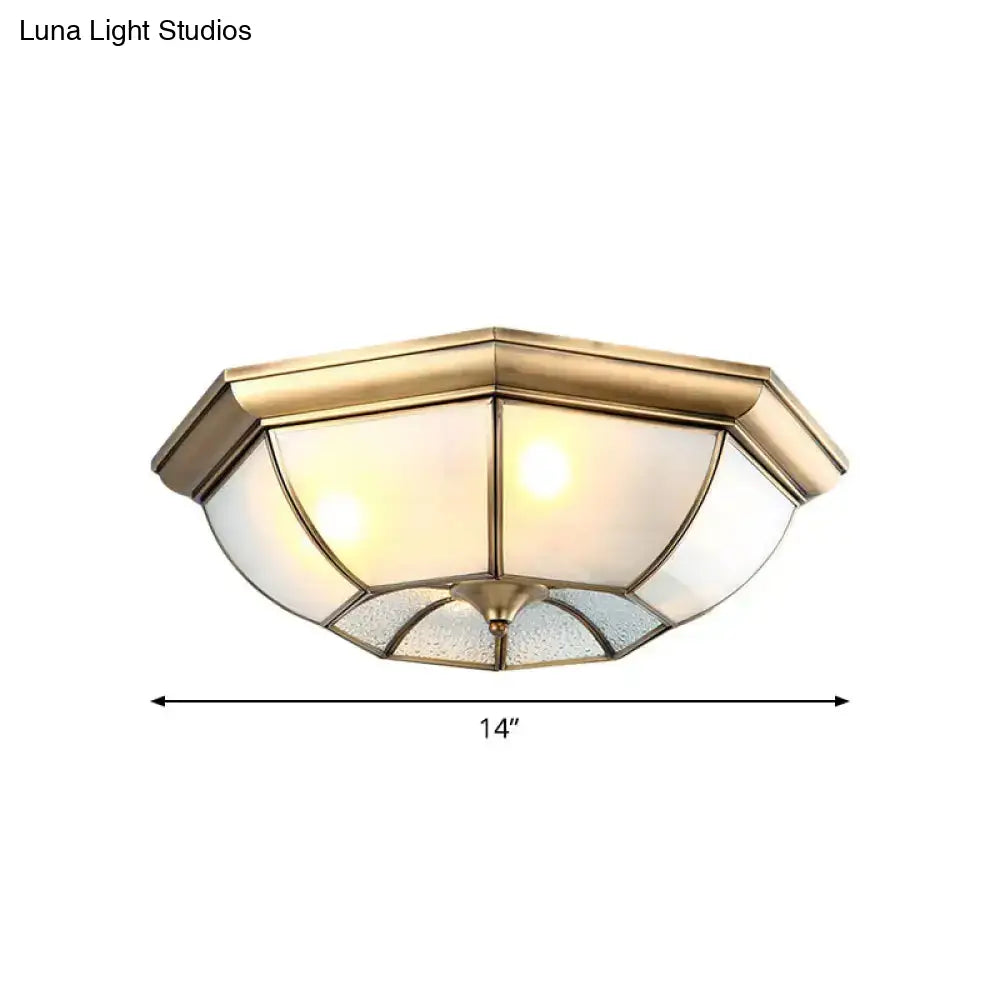 Colonial Bedroom Flush Mount Ceiling Light With Octagon Frosted Glass Shade In Brass - Available