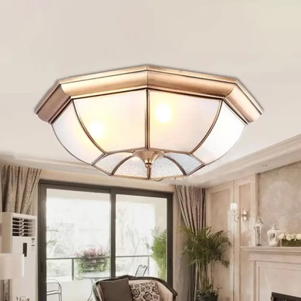 Colonial Bedroom Flush Mount Ceiling Light With Octagon Frosted Glass Shade In Brass - Available