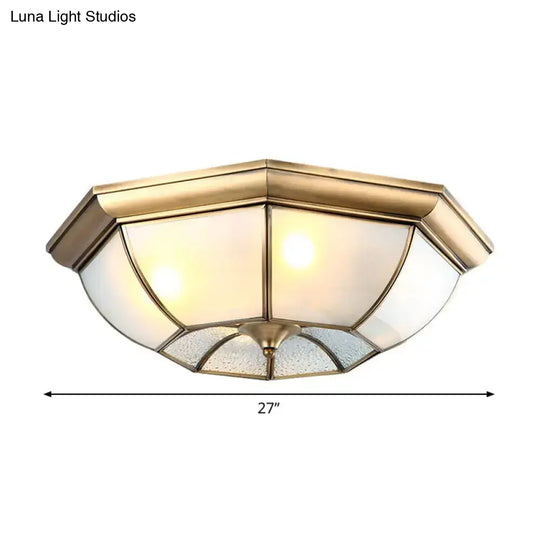 Colonial Bedroom Flush Mount Ceiling Light With Octagon Frosted Glass Shade In Brass - Available