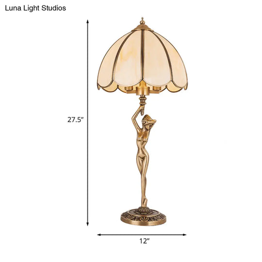 Colonial Beige Glass 2-Head Gold Table Lamp With Scalloped Design And Elegant Naked Woman Base