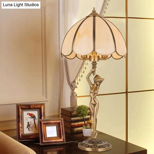 Colonial Beige Glass 2-Head Gold Table Lamp With Scalloped Design And Elegant Naked Woman Base