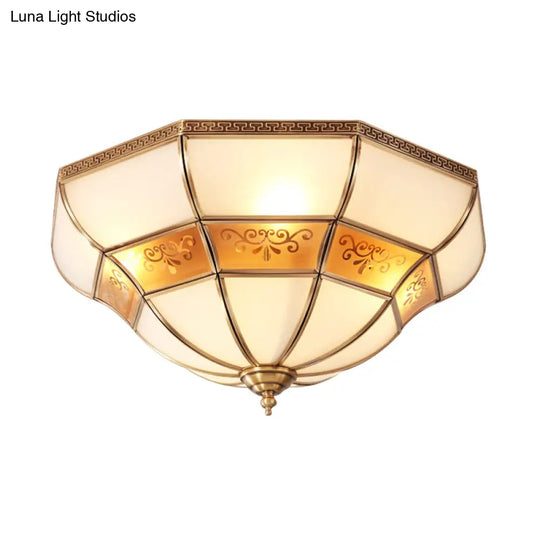 Colonial Bell Ceiling Mount Light Fixture - Brass Ivory Glass Chandelier With 3 Bulbs Flush For