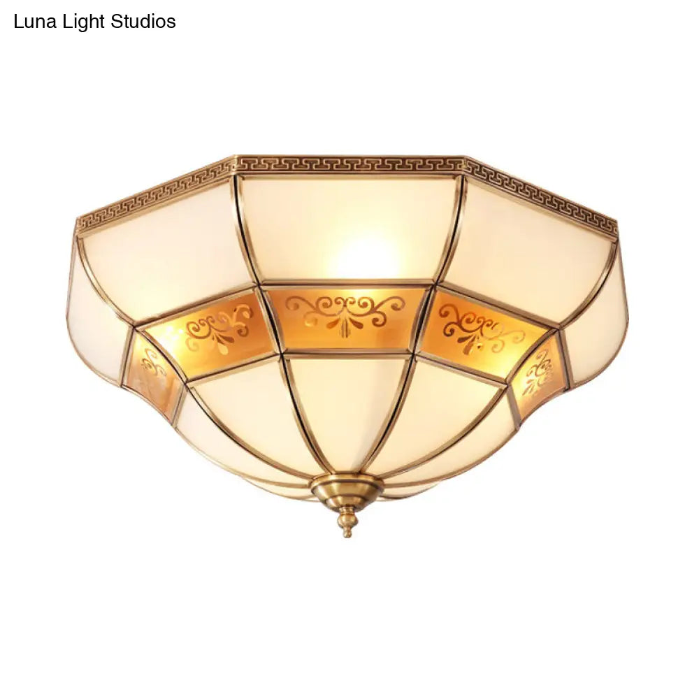 Colonial Bell Ceiling Mount Light Fixture - Brass Ivory Glass Chandelier With 3 Bulbs Flush For