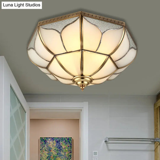 Colonial Brass Ceiling Light With 4 Bulbs Mouth Blown Opal Glass - Flush Fixture For Living Room