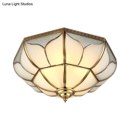 Colonial Brass Ceiling Light With 4 Bulbs Mouth Blown Opal Glass - Flush Fixture For Living Room