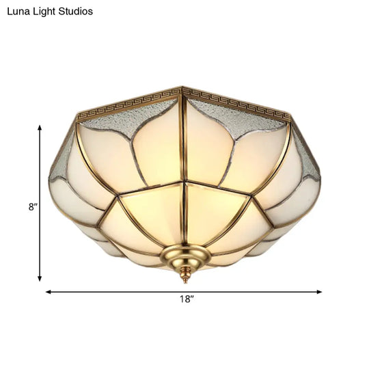 Colonial Brass Ceiling Light With 4 Bulbs Mouth Blown Opal Glass - Flush Fixture For Living Room