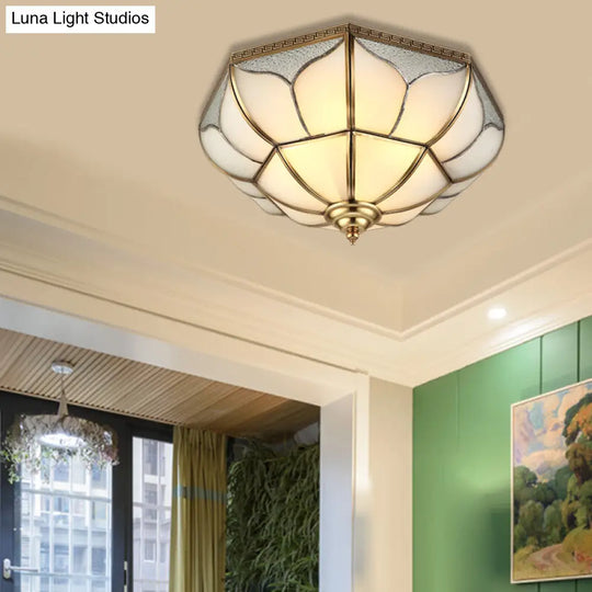 Colonial Brass Ceiling Light With 4 Bulbs Mouth Blown Opal Glass - Flush Fixture For Living Room