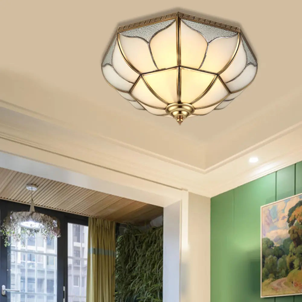 Colonial Brass Ceiling Light With 4 Bulbs Mouth Blown Opal Glass - Flush Fixture For Living Room