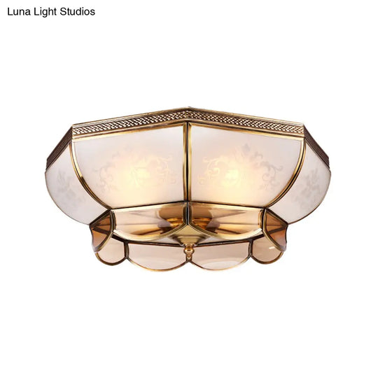 Colonial Brass Ceiling Mounted Chandelier 3/4 Bulbs 14/18 W Frosted White Glass Flush Mount -