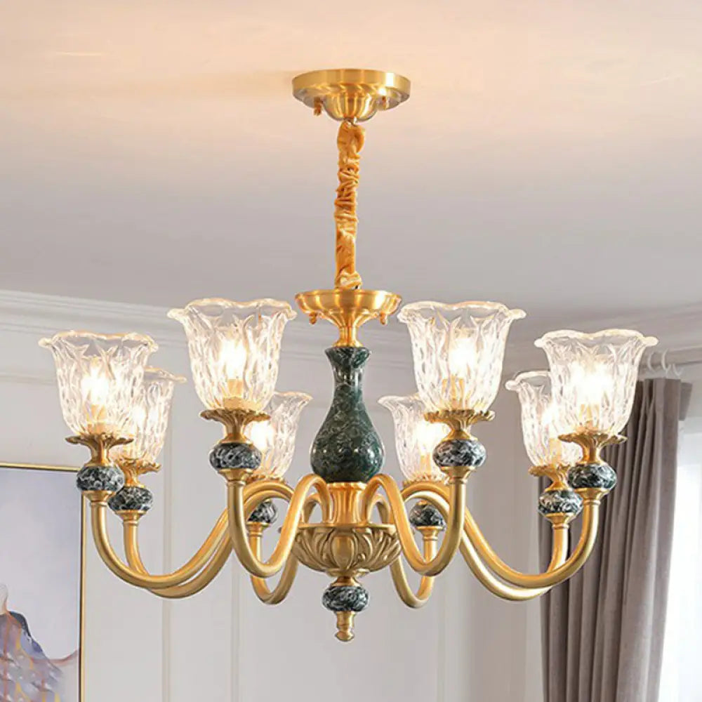 Colonial Brass Chandelier: Clear Glass Flower Up Suspended Lighting Fixture For Living Room 8 /