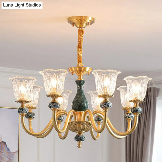 Colonial Brass Chandelier: Clear Glass Flower Up Suspended Lighting Fixture For Living Room