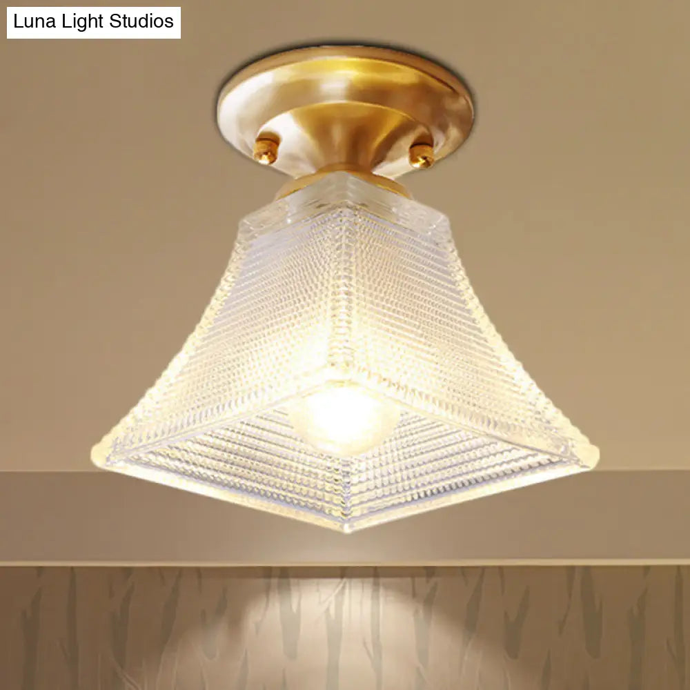 Colonial Brass Clear Ribbed Glass Flush Mount Light - 7.5’/8’ Width Cone/Bell Ceiling Fixture