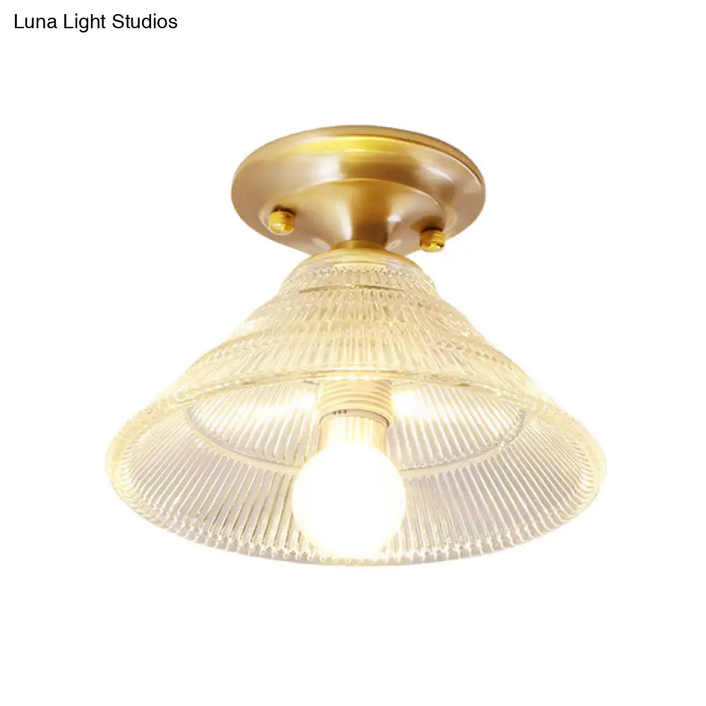 Colonial Brass Clear Ribbed Glass Flush Mount Light - 7.5/8 Width Cone/Bell Ceiling Fixture Single