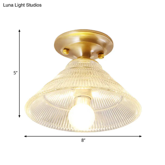 Colonial Brass Clear Ribbed Glass Flush Mount Light - 7.5’/8’ Width Cone/Bell Ceiling Fixture
