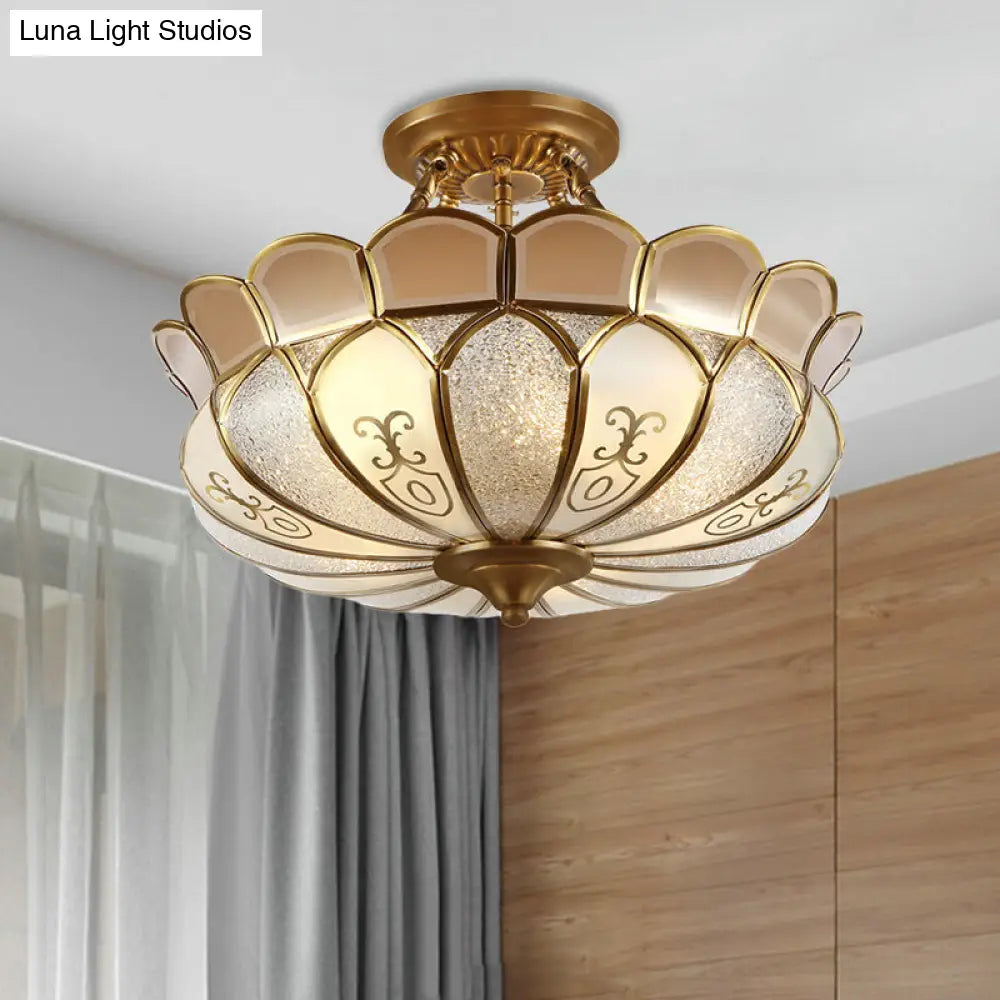 Colonial Opaque Glass 4-Bulb Brass Ceiling Light Fixture - Scalloped Dining Room Semi-Flush Mount