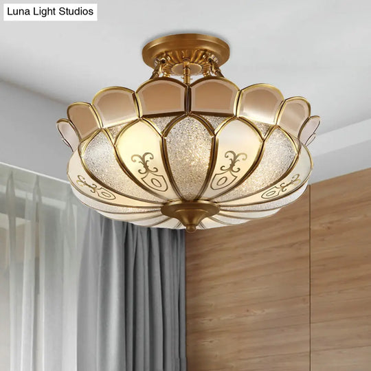 Colonial Opaque Glass 4-Bulb Brass Ceiling Light Fixture - Scalloped Dining Room Semi-Flush Mount
