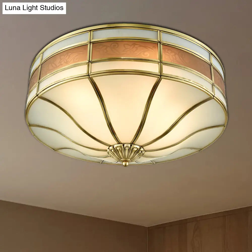 Colonial Brass Drum Ceiling Light With Opaline Glass - 3 Bulb Flush Mount For Bedroom